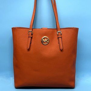 **SOLD** MICHAEL KORS Orange Tote Handbag Coated Canvas Leather Buckles *EUC*
